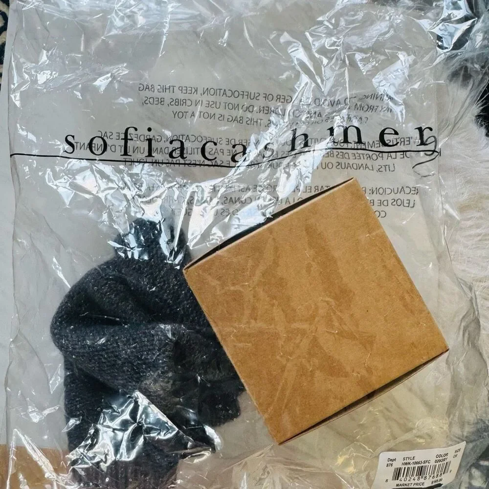 Sofia Cashmere Sequin 100%‎ Cashmere Beanie with Faux Fur Pompom Gray/Black, NWT